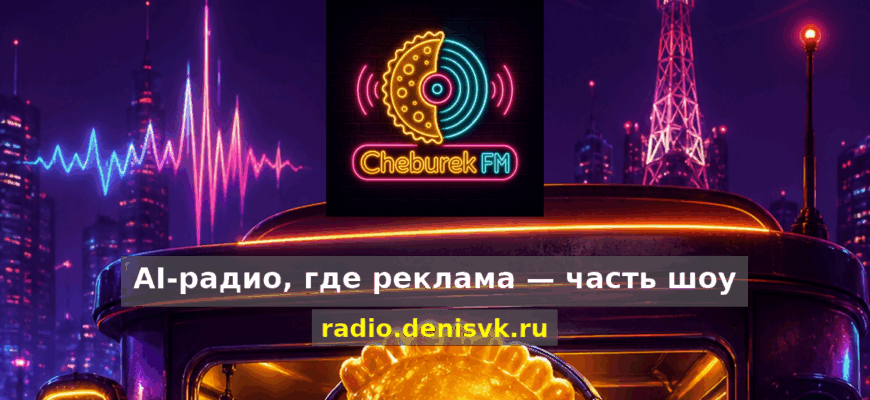 ЧебурекFM — AI-радио на фоне неоновой радиовышки